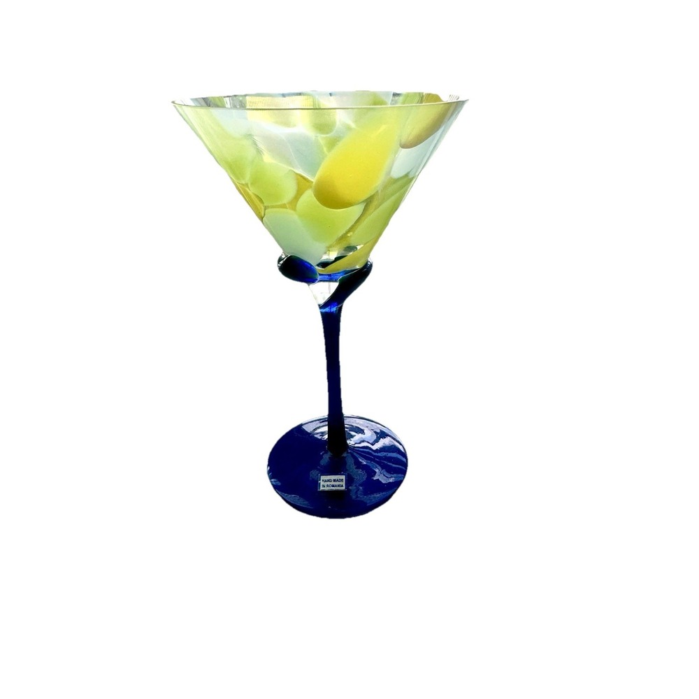 Hand Made In Romania Art Glass Martini Glass 7.5" Yellow Blue Swirl Stem‎